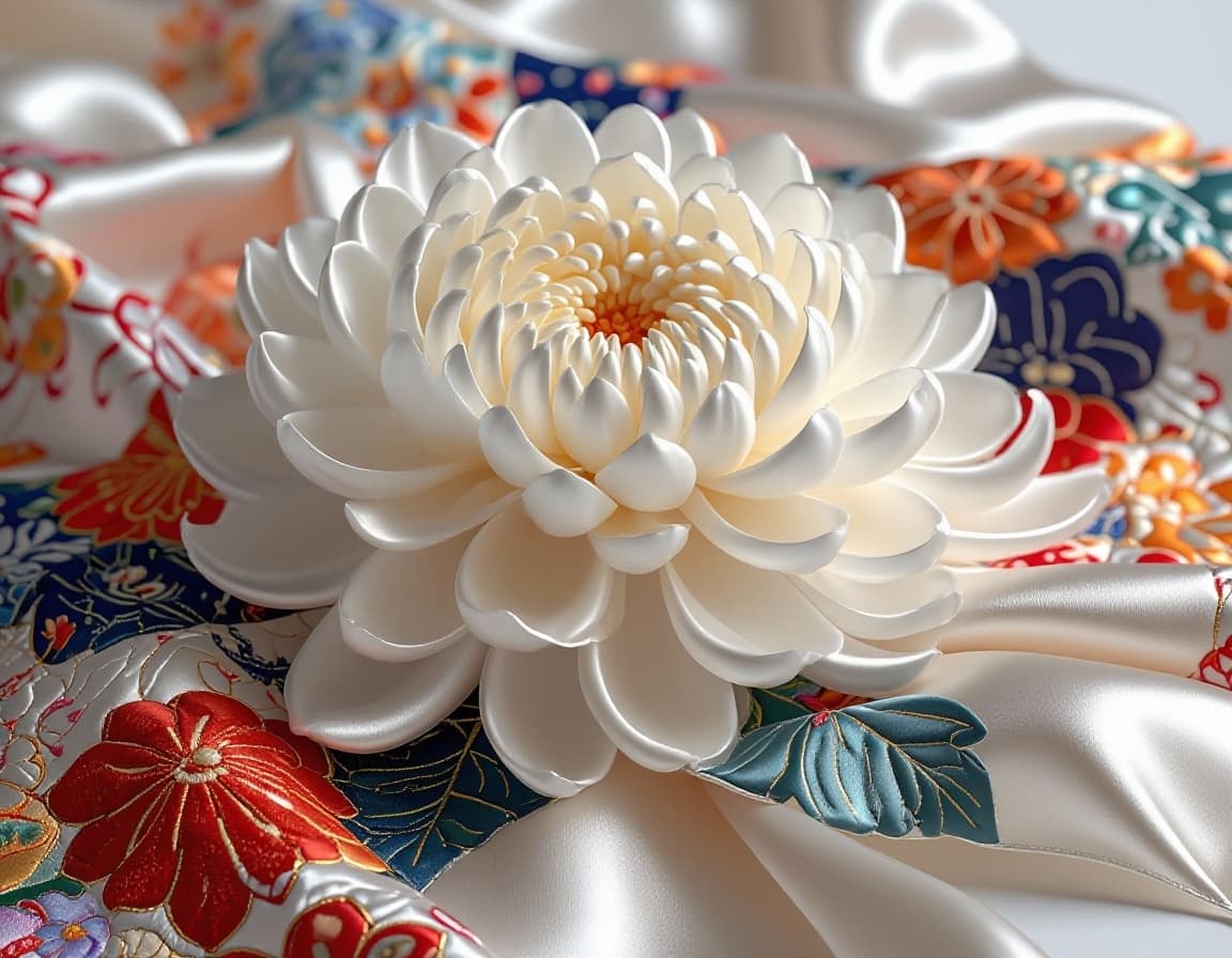 AI generated:  a work of art  in a  glossy satin silk fabric white rose  in 3d, each petals are  made of contrasti...