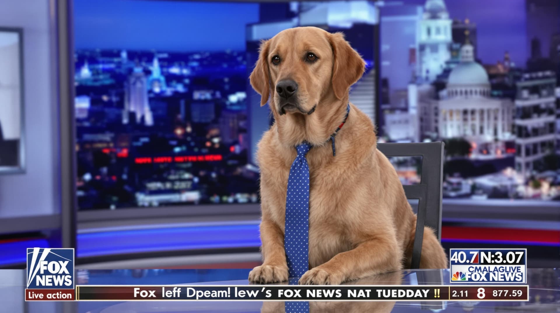 AI generated: Golden Labrador, wearing a blue tie, sitting at desk in news room, reporting the news, anchor man, f...