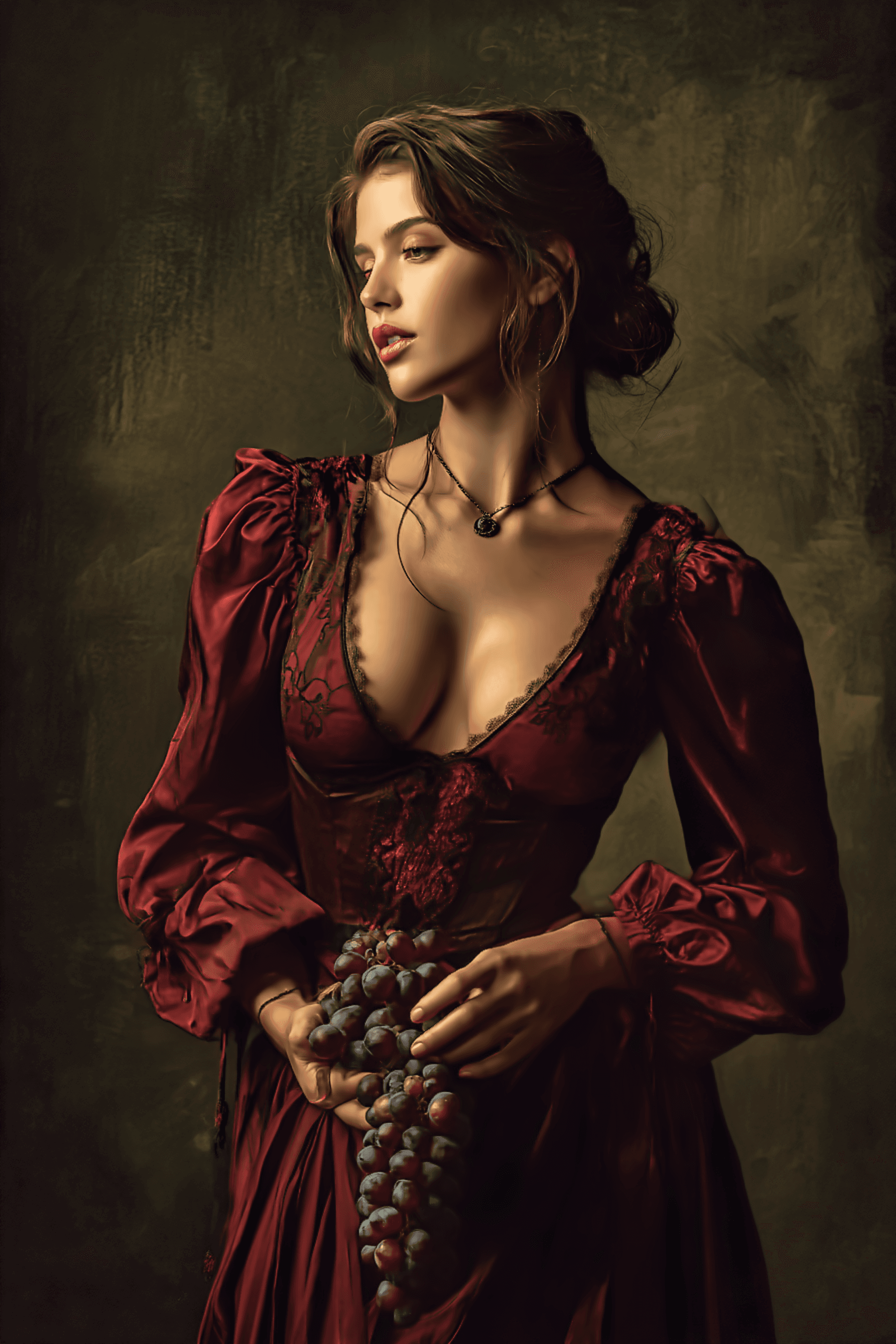 AI generated: mysterious beautiful woman in a deep red dress, grapes in her hand, dark background with subtle vine...