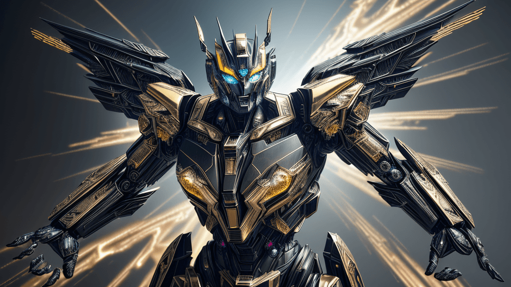 AI generated: Transformers, Intricate Detail, Metal texture, Black and gold Mecha, Dynamic Pose, Blue eyeballs, Bl...