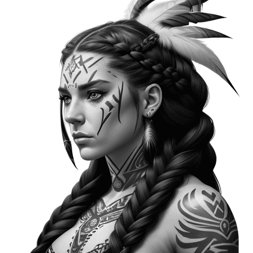 AI generated: a black and white pencil drawing of an attractive woman with braided hair, warrior goddess, feathers...