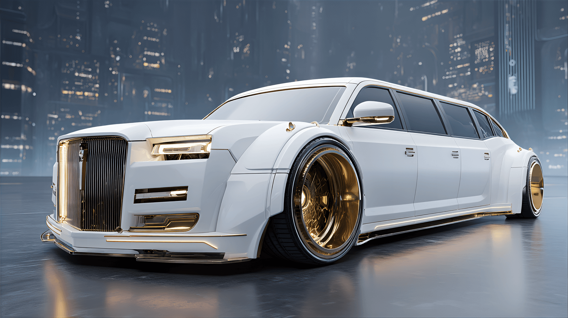 AI generated: A custom white limousine, heavily modified with gold accents,  detailed,  futuristic,  low-slung,  e...