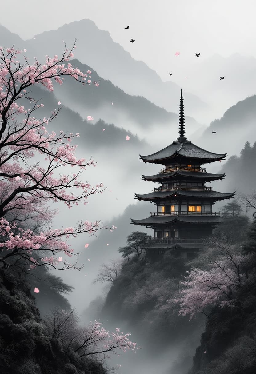 AI generated: A mid-range traditional Japanese pagoda nestled in a foggy mountain valley, off-centered slightly to...