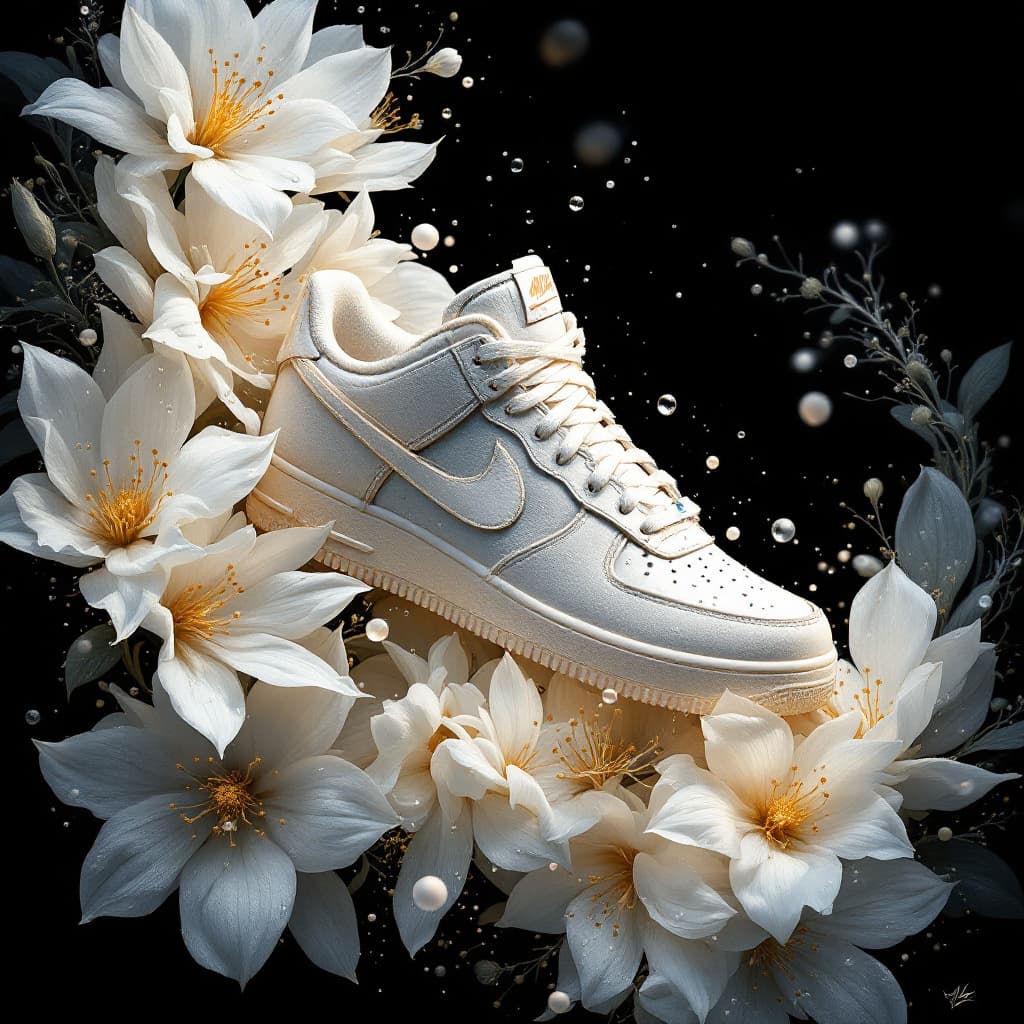 AI generated: illustrate an intricate Nike sneakers arrangement bursting with life against a stark black backgroun...