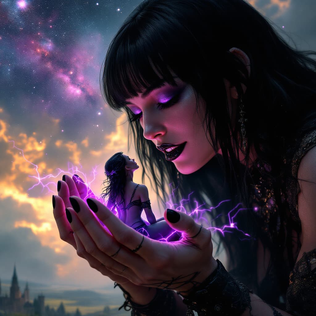 AI generated: enormous giantess female who looks like WWE superstar 
 Rhea Ripley with black medium length hair an...