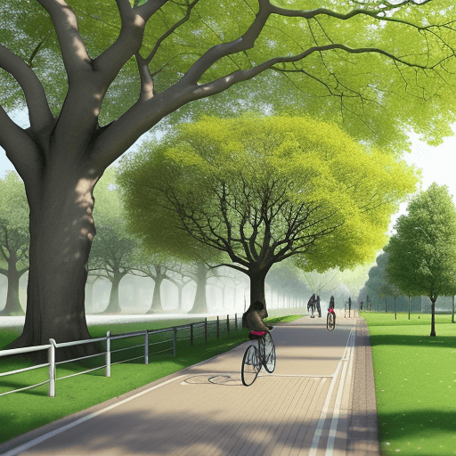 AI generated: park with a cycle path on the outside which has polluted air and few trees and those that it has are...