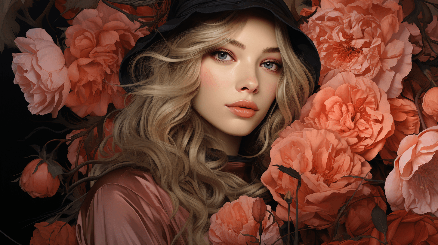 AI generated: a hyperrealistic illustration a woman drawing a portrait of herself, She's adorned with elegant peon...