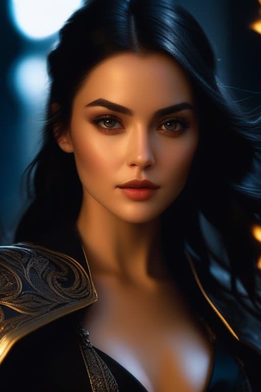 AI generated: dark theme, photo of a gorgeous dark-haired female in the style of stefan kostic, realistic, half bo...