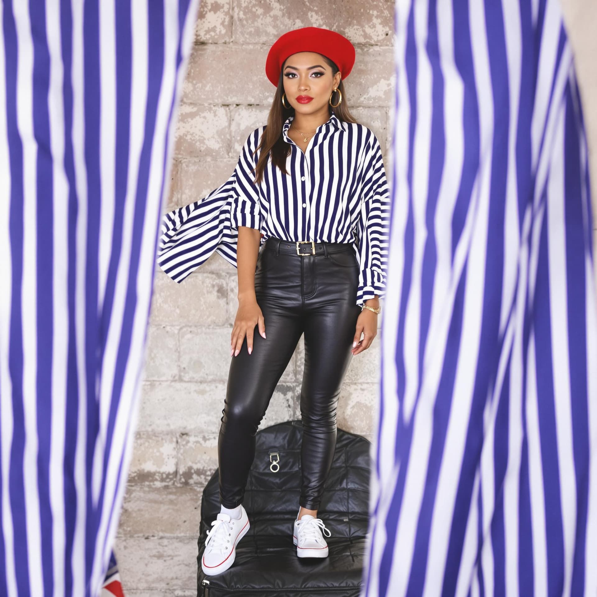 AI generated: A close-up shot of the woman's face and torso, framed by the bold stripes of her blouse. The camera ...