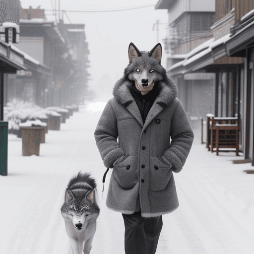 AI generated: A male therian kemono wolf with gray fur, smiling embarrased while walking down the street in winter