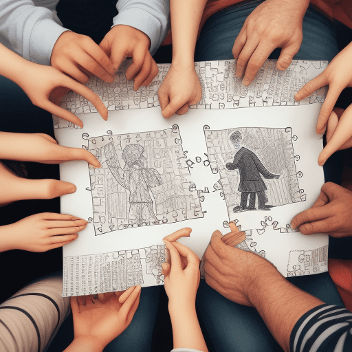 AI generated: two scribbled persons with a piece of puzzle in their hands