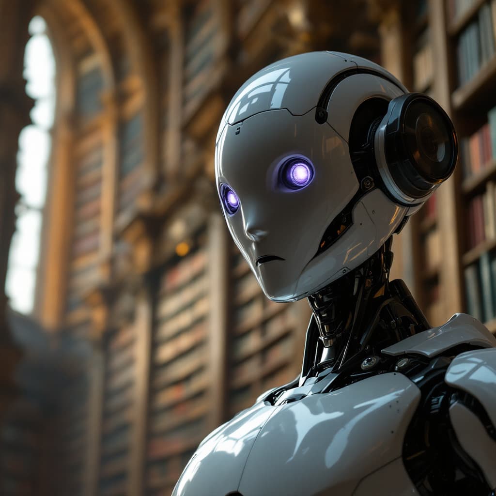 AI generated: A highly detailed cinematic shot capturing a humanoid robot from the knees up, with a reflective, do...