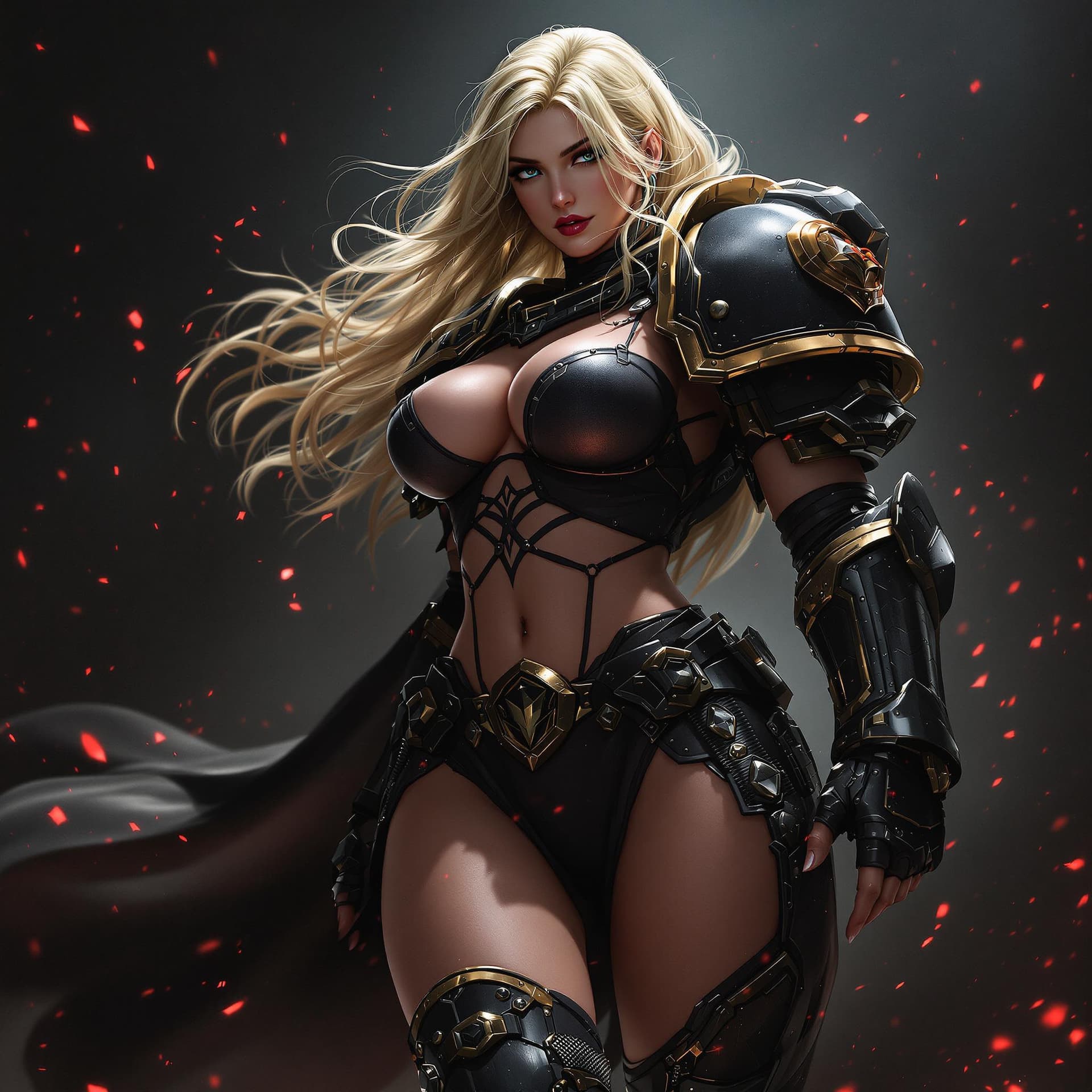 AI generated: dynamic angle, full body view, realistic, female space marine, blonde hair, armored, pelvic curtain,...