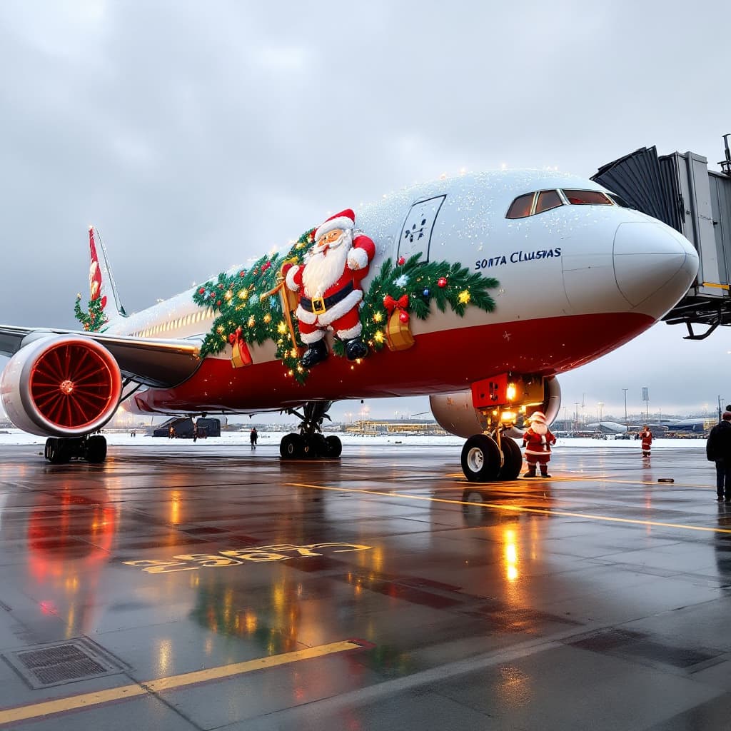AI generated:  Santa Claus airline , show their boeing 777 airliner special christmas decoration at the airport. S...