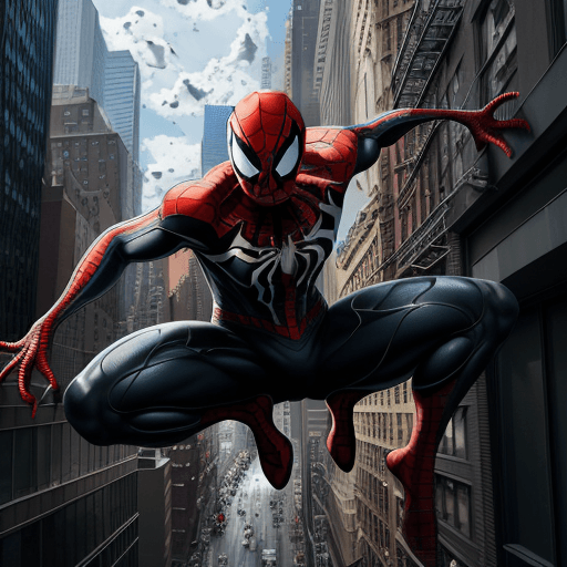 AI generated: venom suit spider man, New york street as background, ray traicing, High detail color photo, a profe...