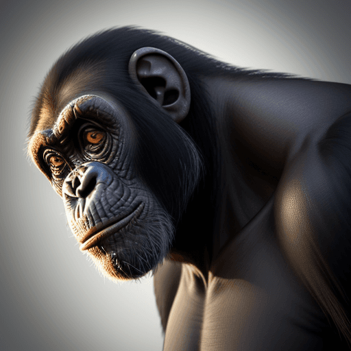 AI generated: O homem gigantesco com máscara de Chimpanzé. coloca uma metrópole minúsculo na sunga protuberante. E...
