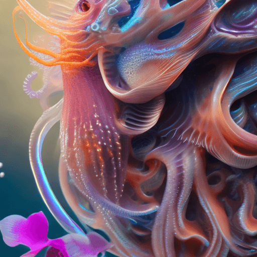 AI generated: Goddess close-up portrait ribcagel. jellyfish phoenix head, nautilus, orchid, skull, betta fish, bio...