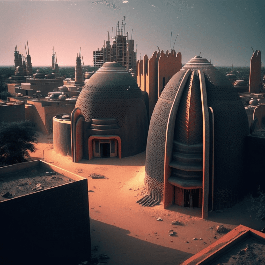 AI generated: a futuristic city based on the architecture of a musgum tribe in cameroon