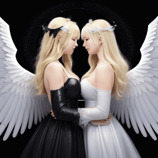 AI generated: One beautiful blond Caucasian light angel with huge sparkling white wings and one beautiful black an...