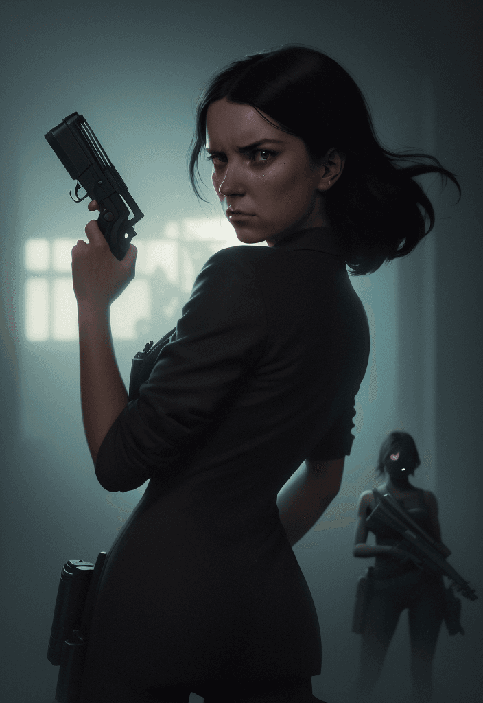 AI generated: beautiful woman with a gun facing focus, crying with rage and depression, dark shadow looming from b...