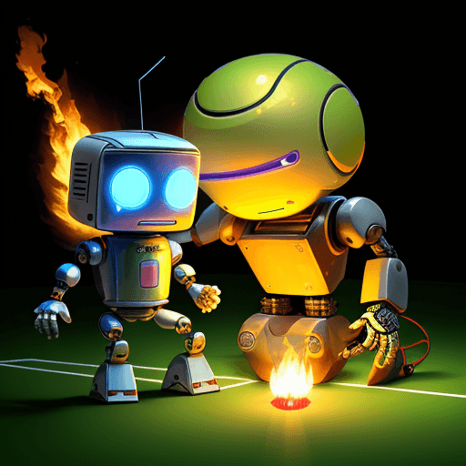 AI generated: A friendly man and a friendly robot playing a tennis game. The tennis ball is burning. A small flame...
