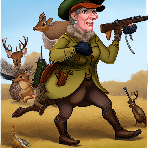AI generated: A humorous caricature of a 45-year-old woman on a comical hunting adventure. She’s dressed in exagge...