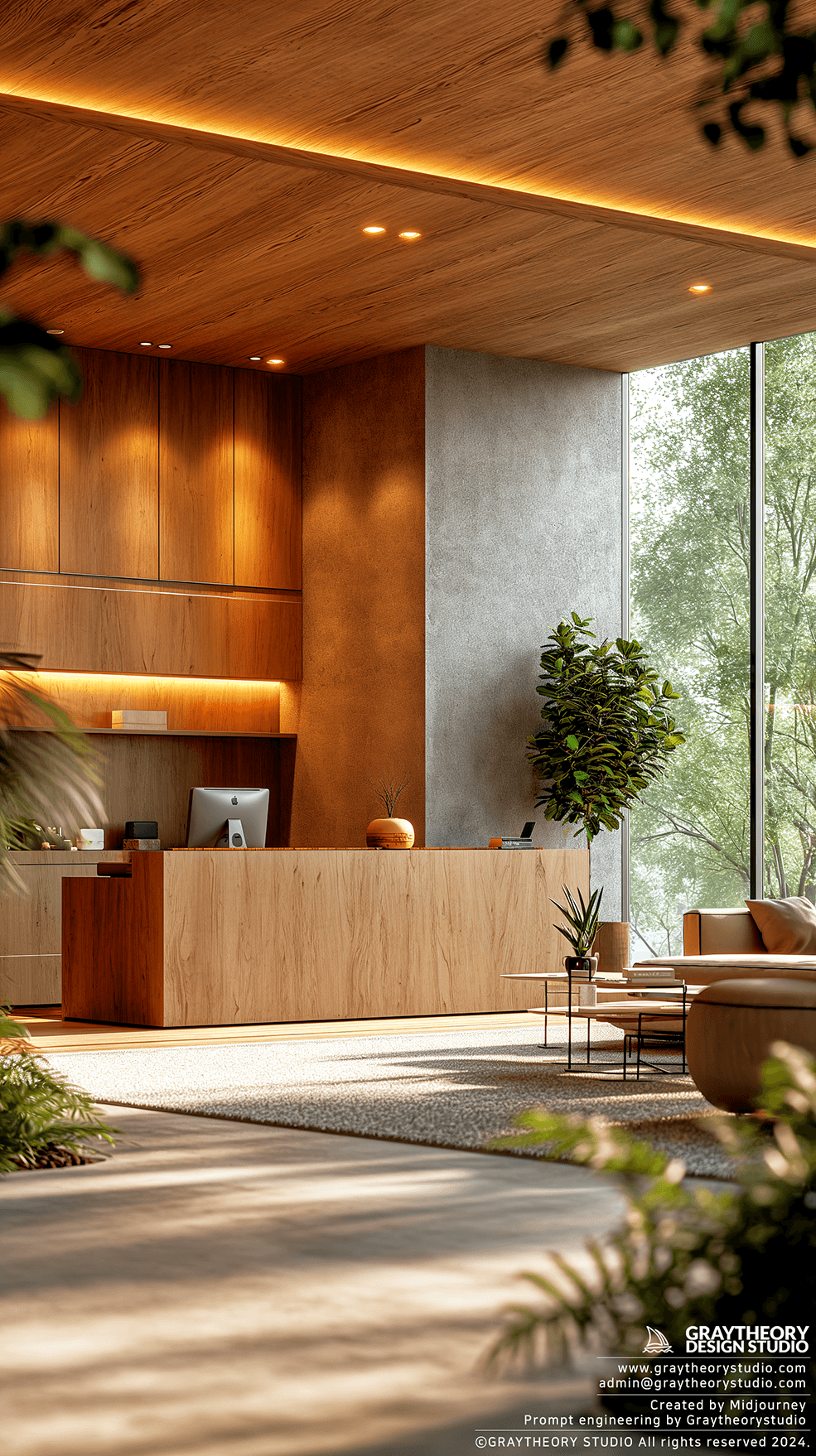 AI generated: reception lounge area, casual, soft, daylight