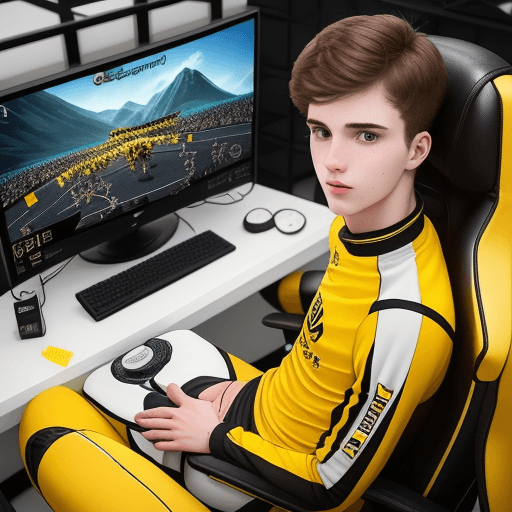 AI generated:  esport team of white boy with yellow jersey with a bee as logo  in esport center(computer, gaming c...