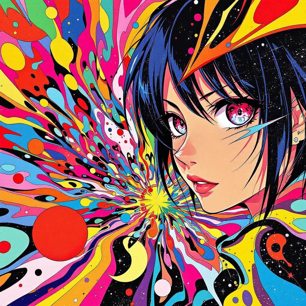 AI generated: 
by mika pikazo, anime pop art, revenge pop,
colorful bright eyes, asuka soryu langley from evangeli...