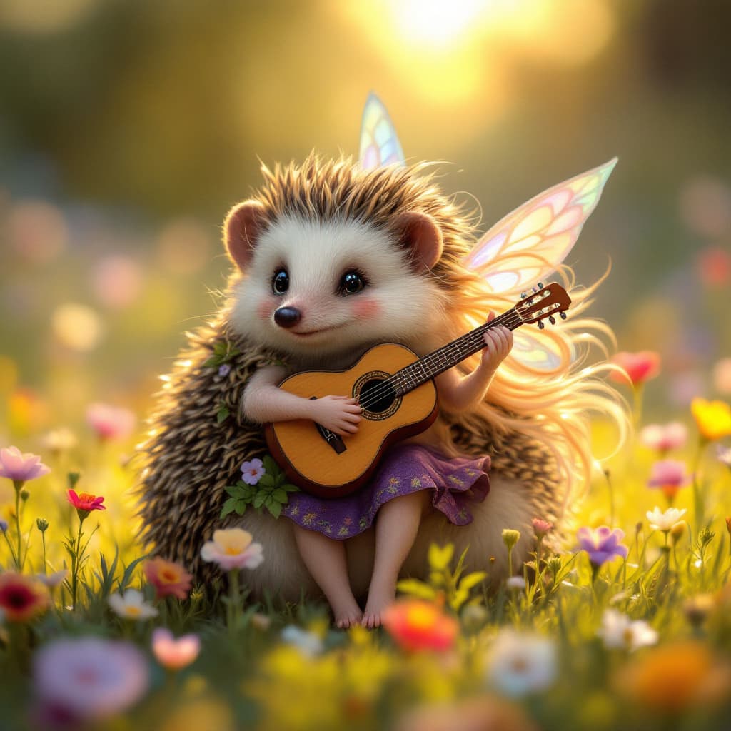 AI generated: Subject: A tiny hedgehog, adorned with a delicate saddle, carries a fairy who is playing a guitar. T...