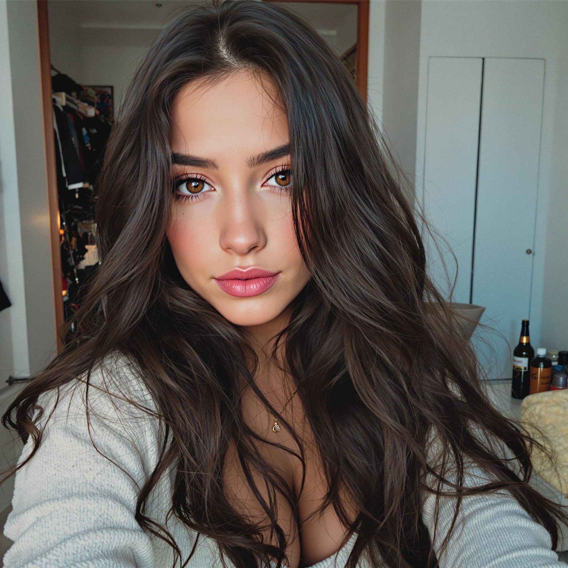 AI generated: low quality phone photo, , a girl realistic, atracttive, , truly, indoor, selfie photo, darker hair,...