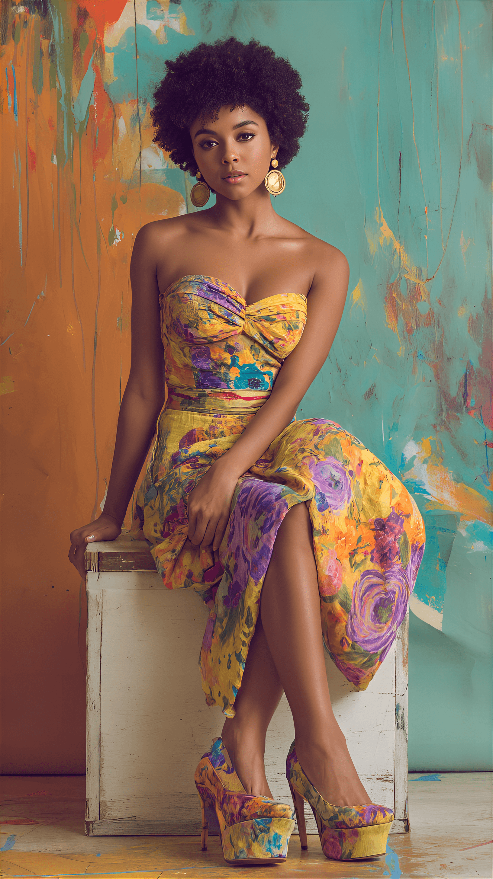 AI generated: young Black woman is centered in the image, seated on a white painted box. She is wearing a vibrant,...