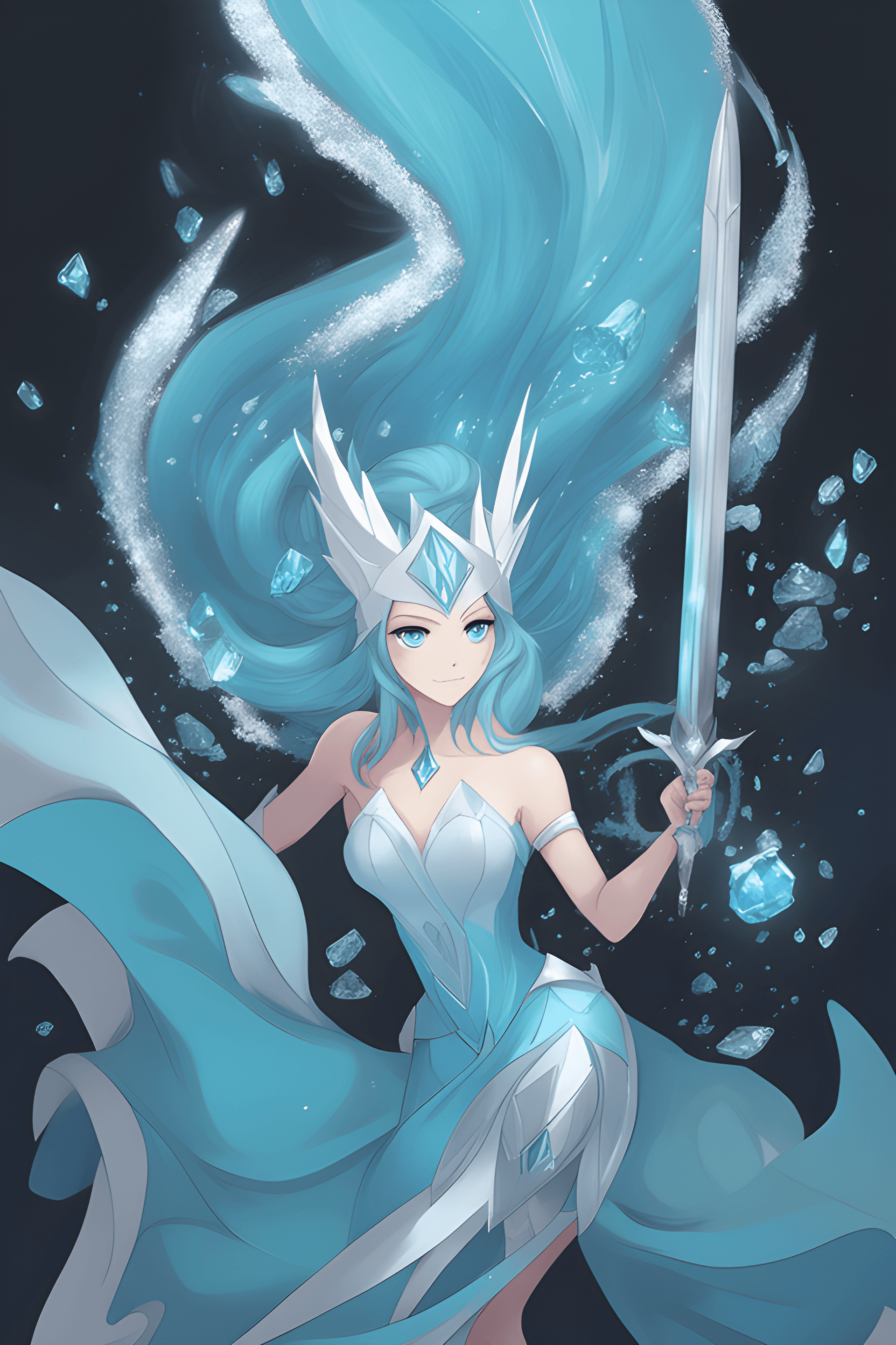 AI generated: a drawing of a woman in a blue dress holding a sword, ice sorceress, ice princess, queen of ice and ...