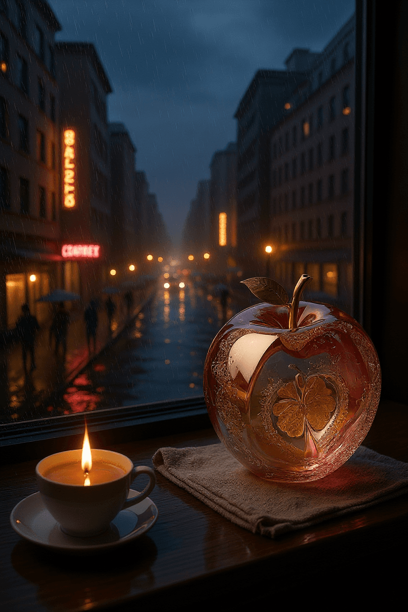 AI generated: A cozy cityscape at dusk, viewed from a warm apartment window. Rain gently falls, creating soft ripp...