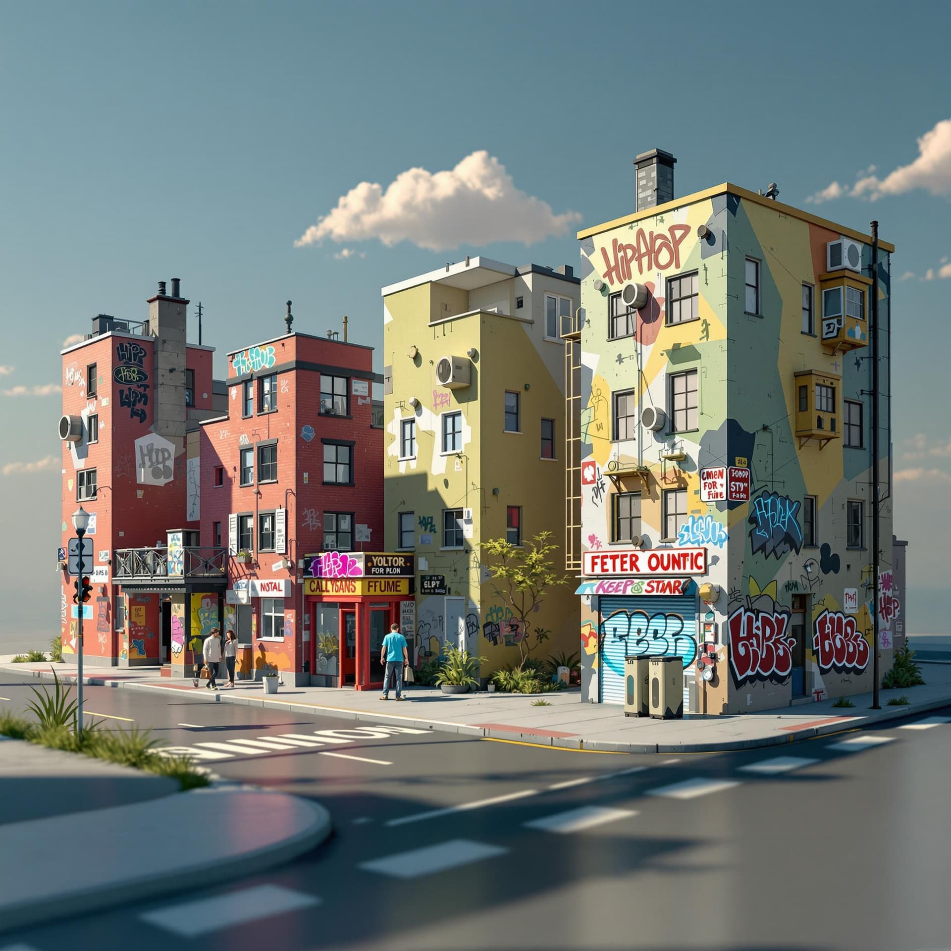 AI generated: 3d illustration hip hop urban buildings and with a little graffiti walls