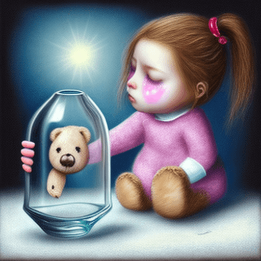 AI generated: A young girl pulling the soul out of her teddy bear, photorealistic, teddy bear crying glass tears, ...