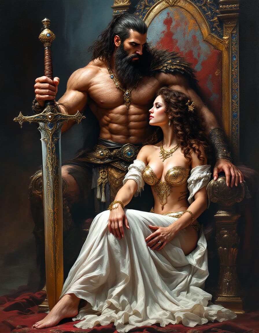 AI generated: A Barbarian Warrior and his Lady An exquisite dark fantasy oil painting depicting the formidable Bar...