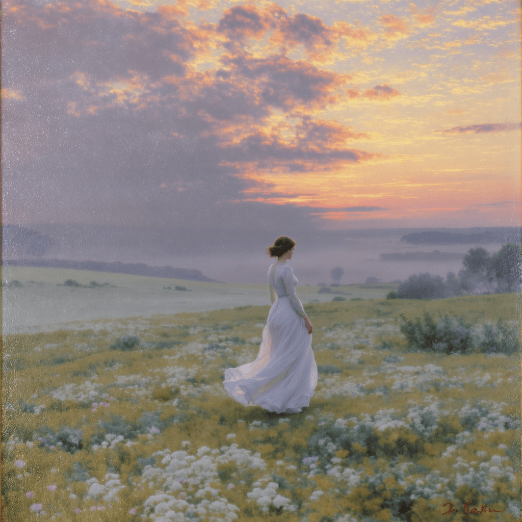 AI generated: "Under Claude Monet's gaze: a woman walks slowly across a golden field at dusk, her footprints being...