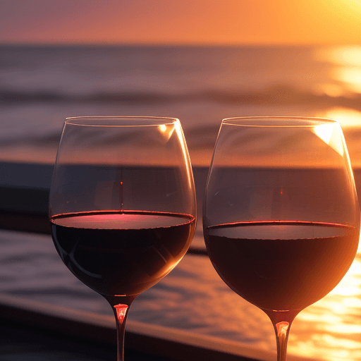 AI generated: two glasses of red wine colliding, with the background of the sea and the sunset, exterior, soft lig...