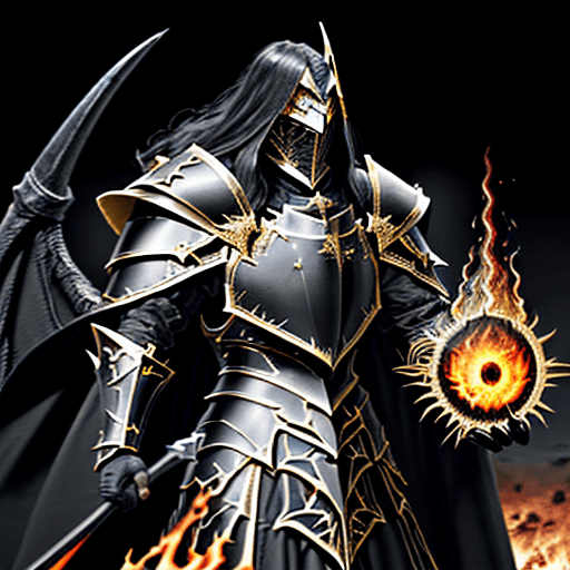 AI generated: Lord of the "Frenzied Flame", "Elden Ring", "black overlapping plate armor edged with gold", "black ...