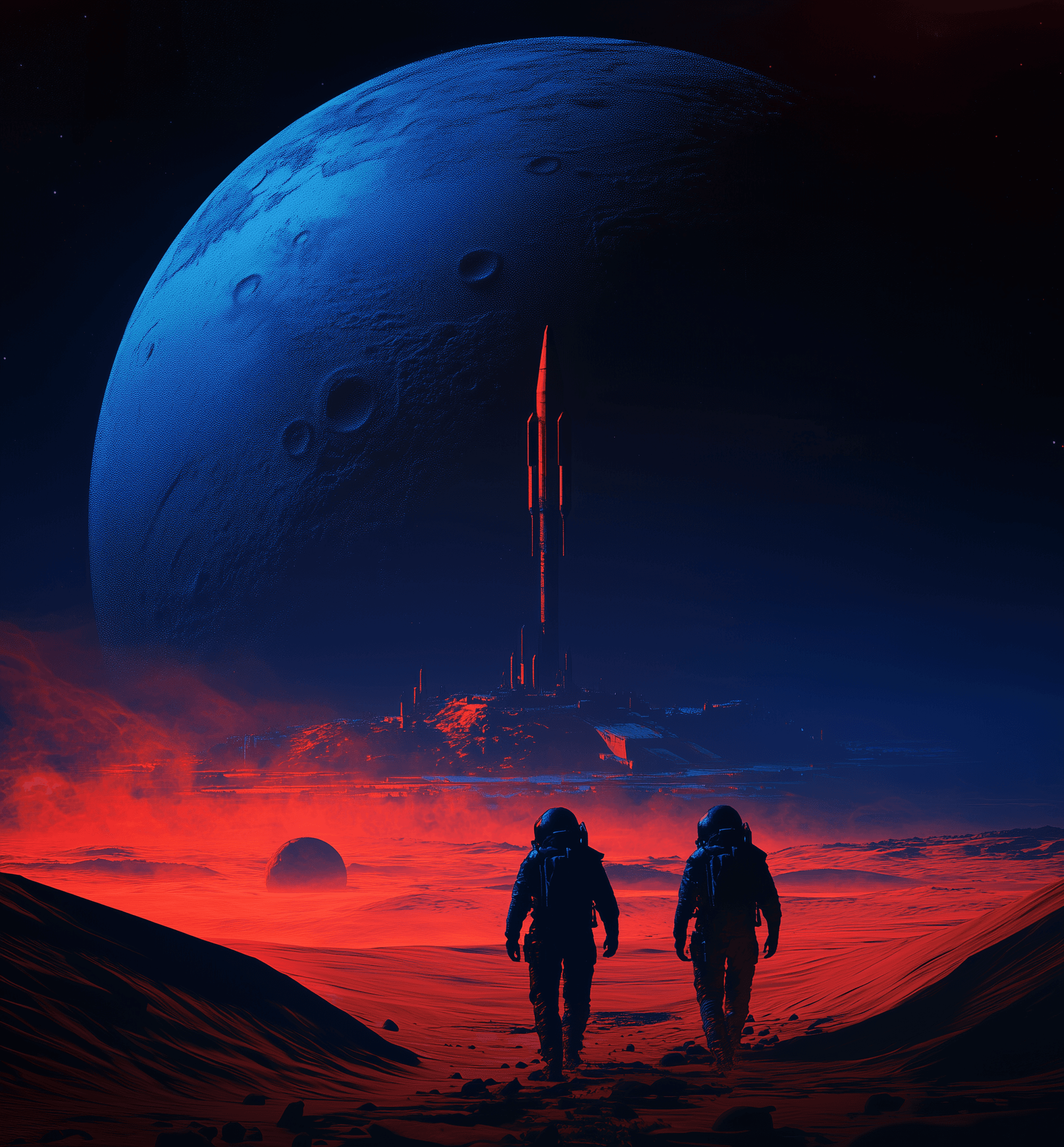 AI generated: Two astronauts walking in the desert of an alien planet, with a space base and rocket ships in the b...