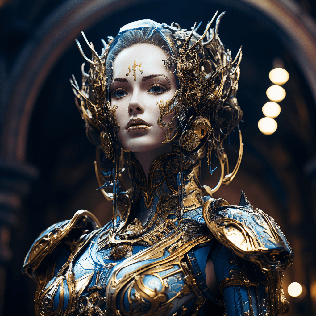 AI generated:  a close up of a statue of a woman in armor, cyberpunk beautiful girl, ornate galactic gold, digital...