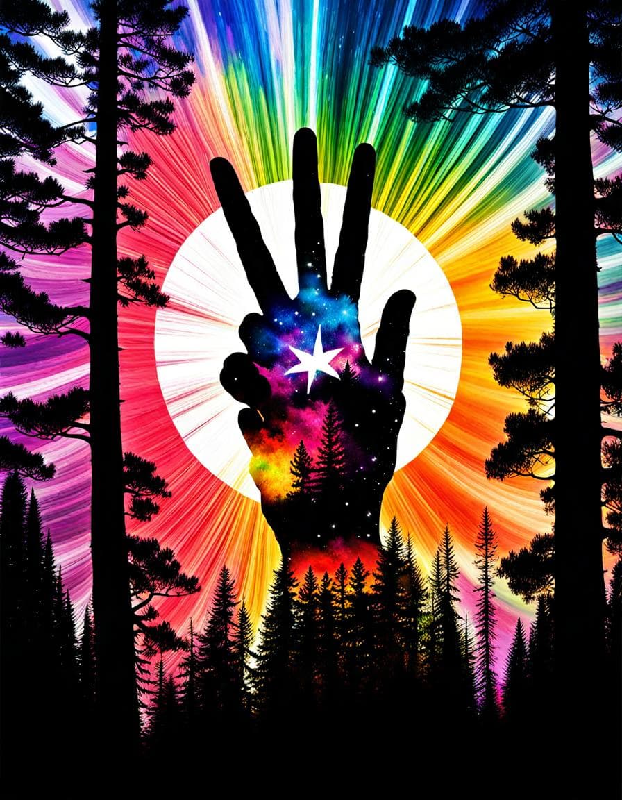 AI generated: "rainbow+peace_sign+hand_peace_sign+stars+forest+explosion, double exposure, double exposure splash ...