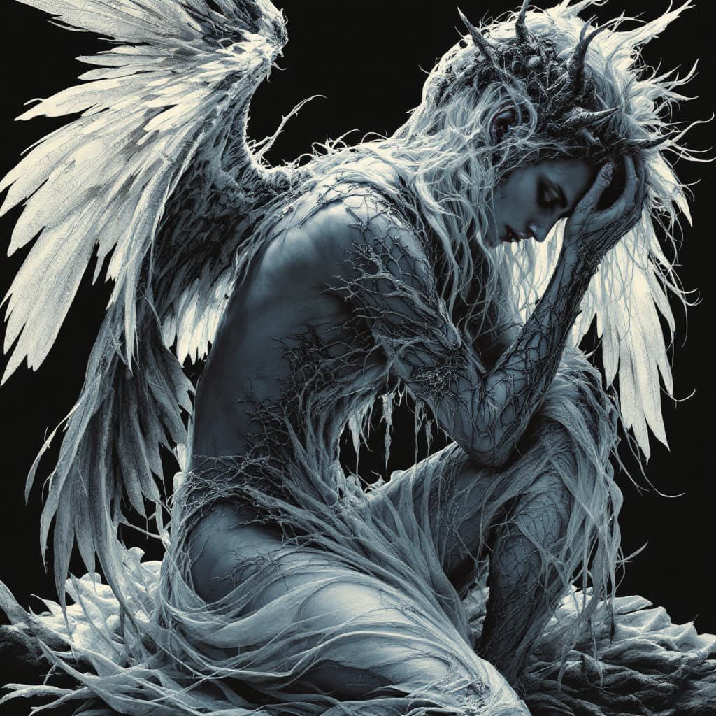 AI generated: black light poster of a intricate portrait of An amazing mythical female angel creature, barefoot, f...