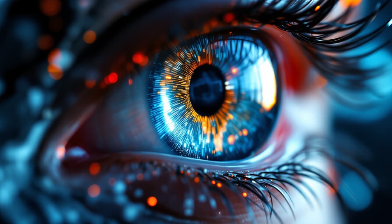 AI generated: Macro shot of a cybernetic eye with reflections of code and data streams in the iris, metal skin tex...
