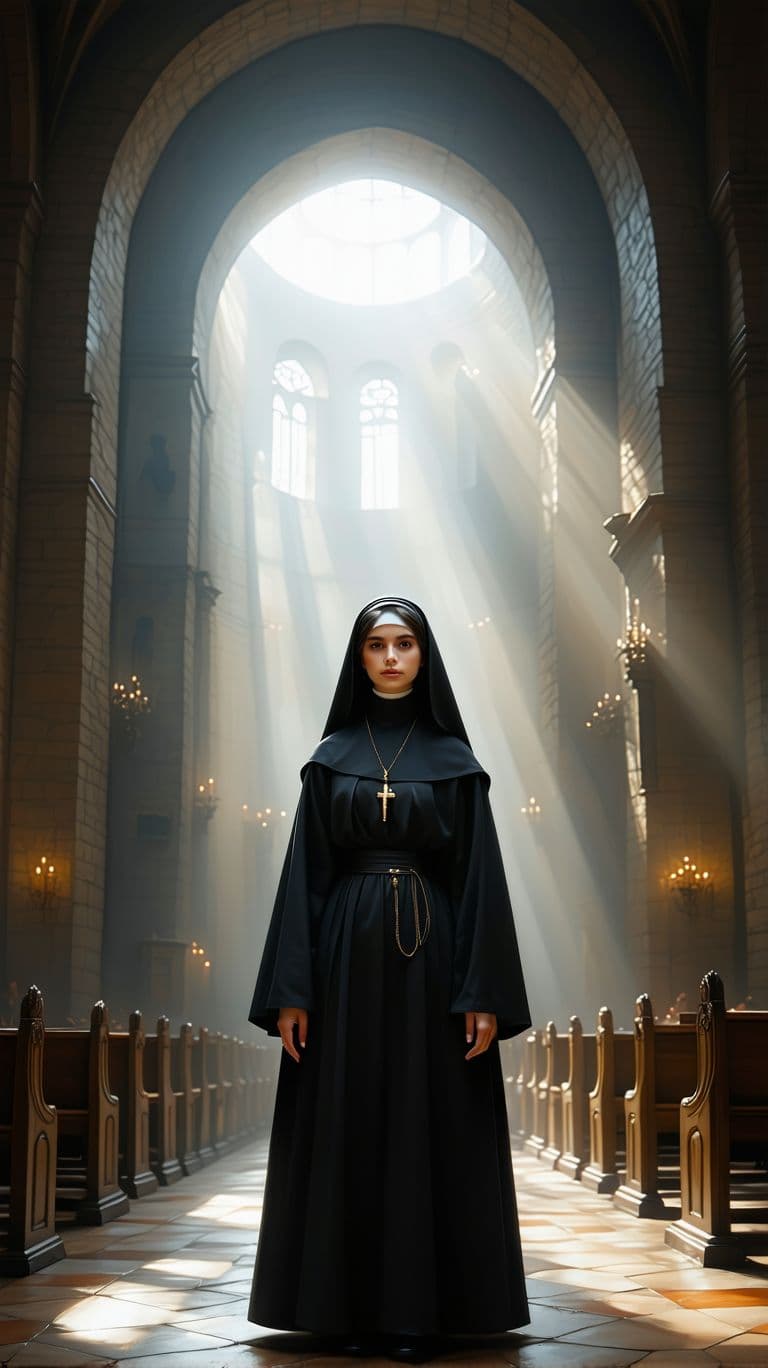 AI generated: Hyper realistic full body view of beautiful 14yo nun, indigen Face, long legs, Long Black Hair, big ...