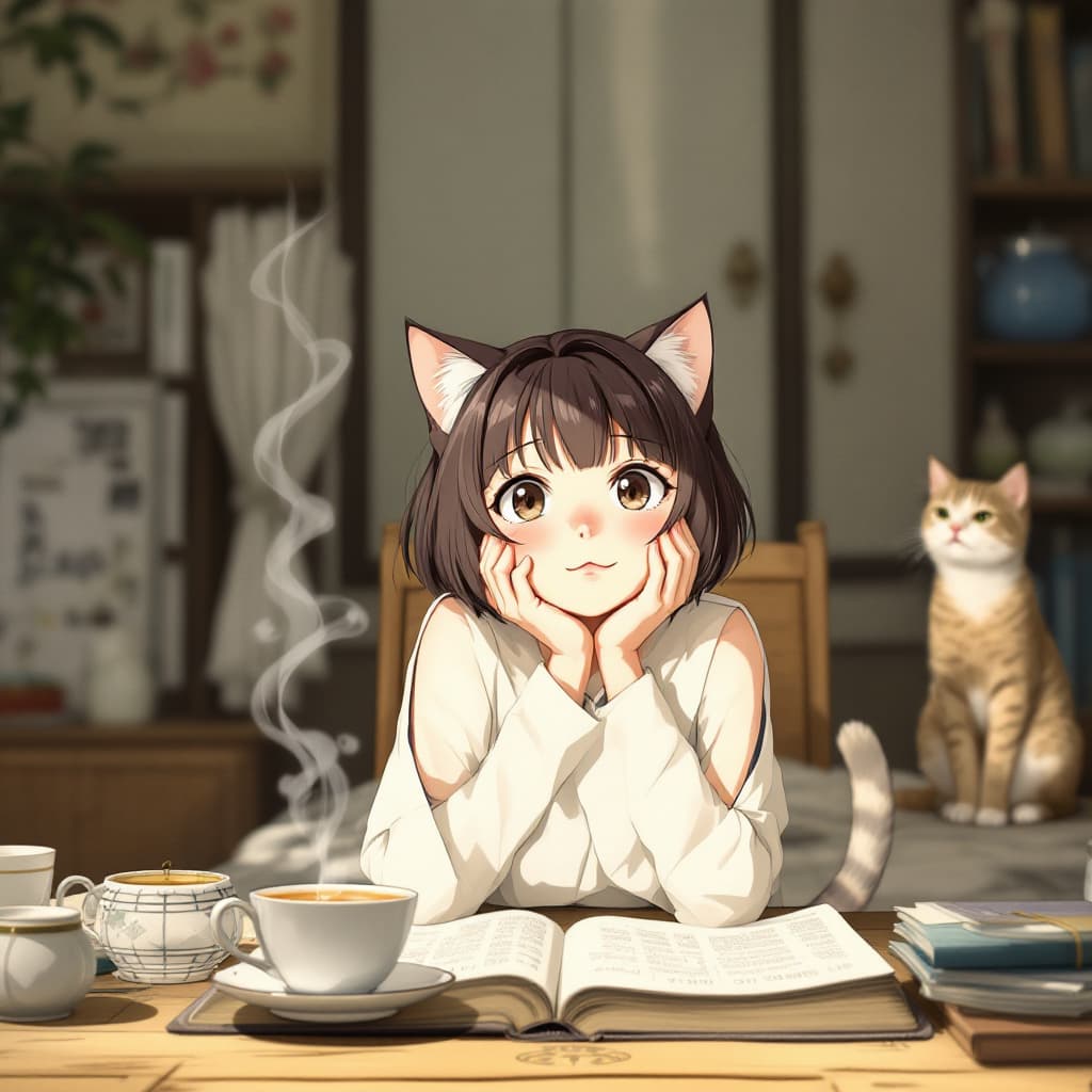 AI generated: Yorinobu Arasaka is a little tea in the Bible and has a very beautiful cat-girl in the background 