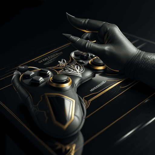 AI generated: Gamepad on the table with the design and character of Venom The gamepad is gold and black dark, no w...