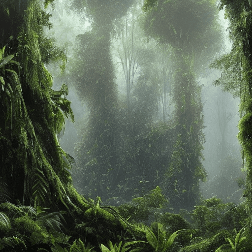 AI generated: the jungle is dense and foreboding,
with towering trees that create a thick canopy overhead,
the gro...