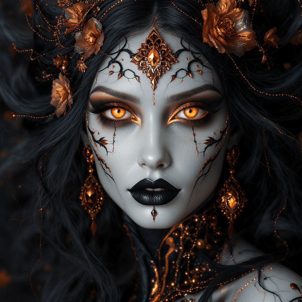 AI generated: close-up portrait of an ethereal woman, porcelain skin with soft black and orange tones, orange high...